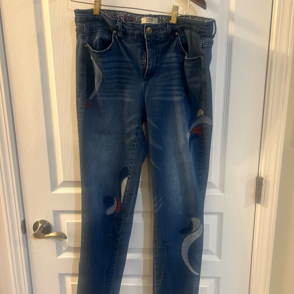 Vintage America Dark Blue Skinny Jeans with Abstract Design